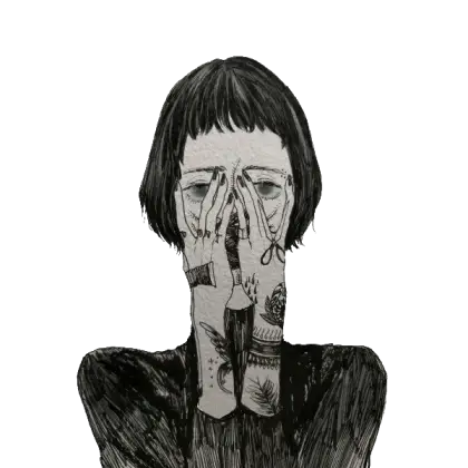 Tattooed Person with Hands Covering Face