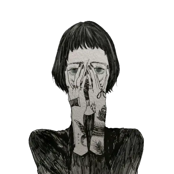 Tattooed Person with Hands Covering Face
