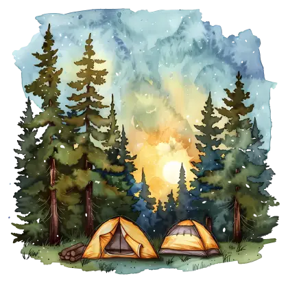 Vibrant Camping Scene with Tents and Forest at Sunset