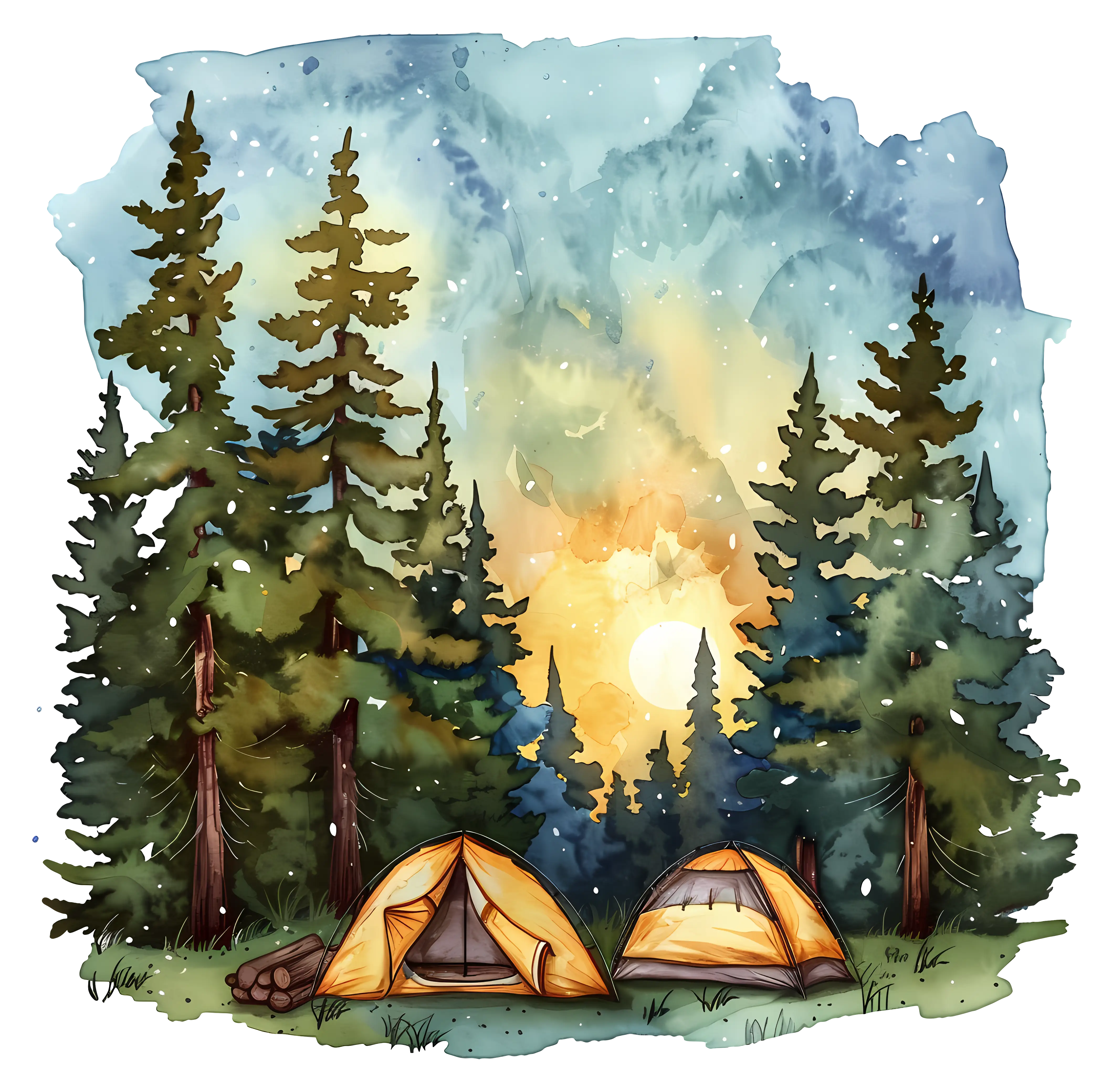 Vibrant Camping Scene with Tents and Forest at Sunset