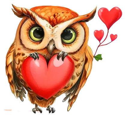 Cute Owl Holding a Heart with Love Balloons