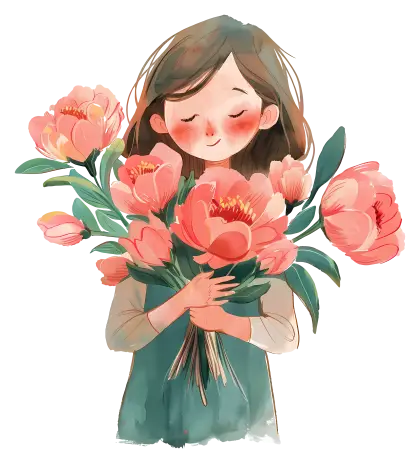 Girl Holding a Bouquet of Pink Flowers Illustration