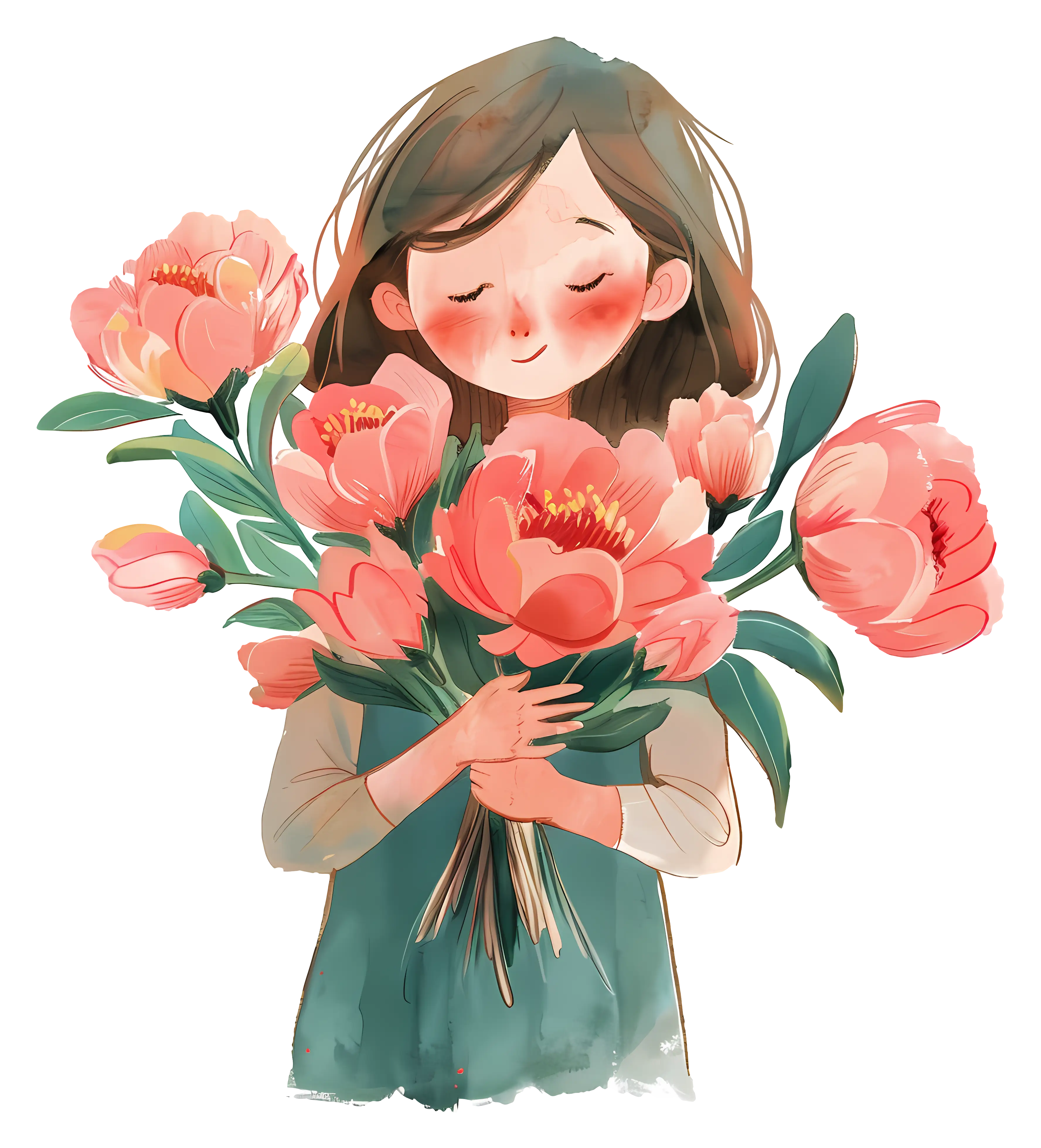 Girl Holding a Bouquet of Pink Flowers Illustration