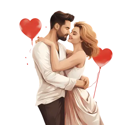 Romantic Couple with Heart Balloons Illustration