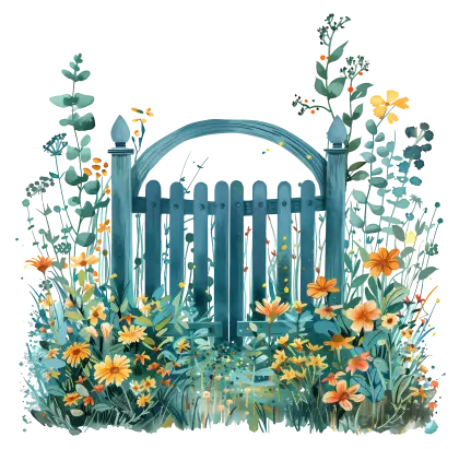 Blue Garden Gate Surrounded by Flowers
