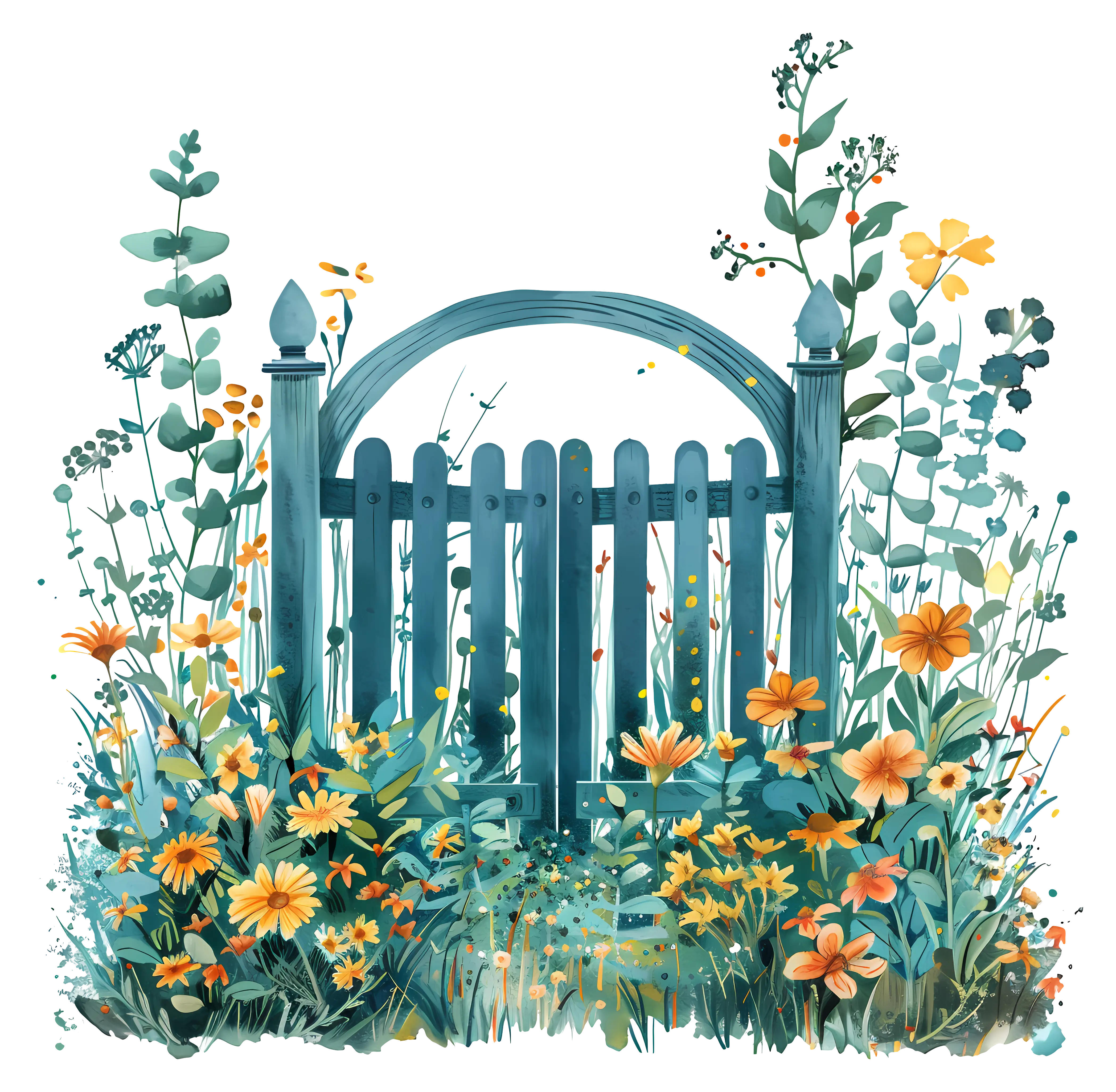 Blue Garden Gate Surrounded by Flowers