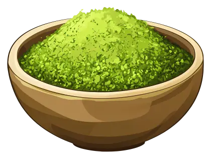 Green Powder in a Wooden Bowl