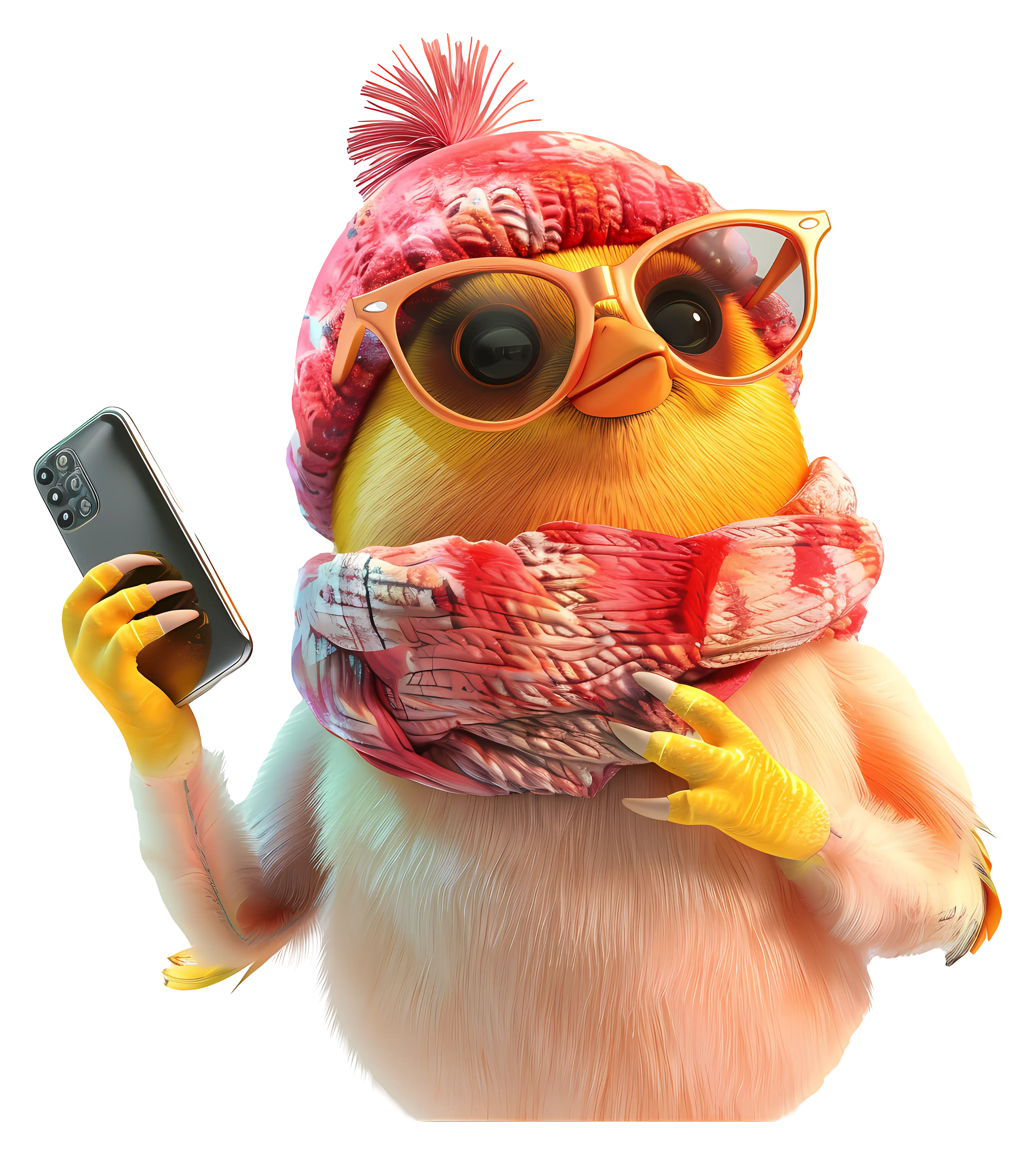 Cute Chick with Smartphone in Winter Clothes