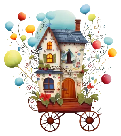 Whimsical Carton House with Floating Balloons