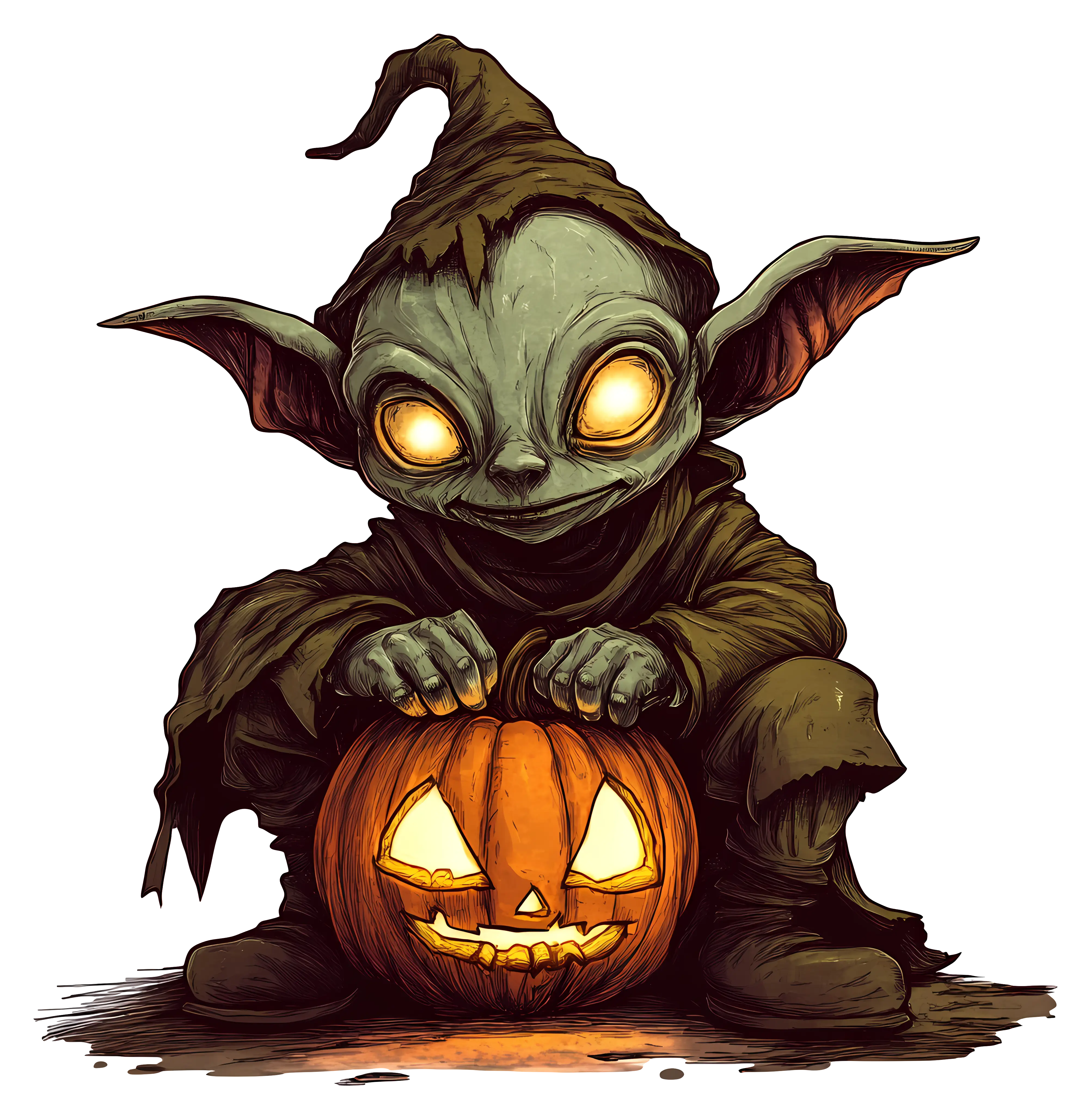 Eerie Halloween Gremlin with a Pumpkin