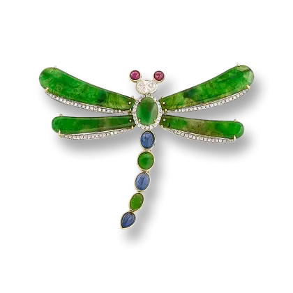 Elegant Green Dragonfly Brooch with Gemstones