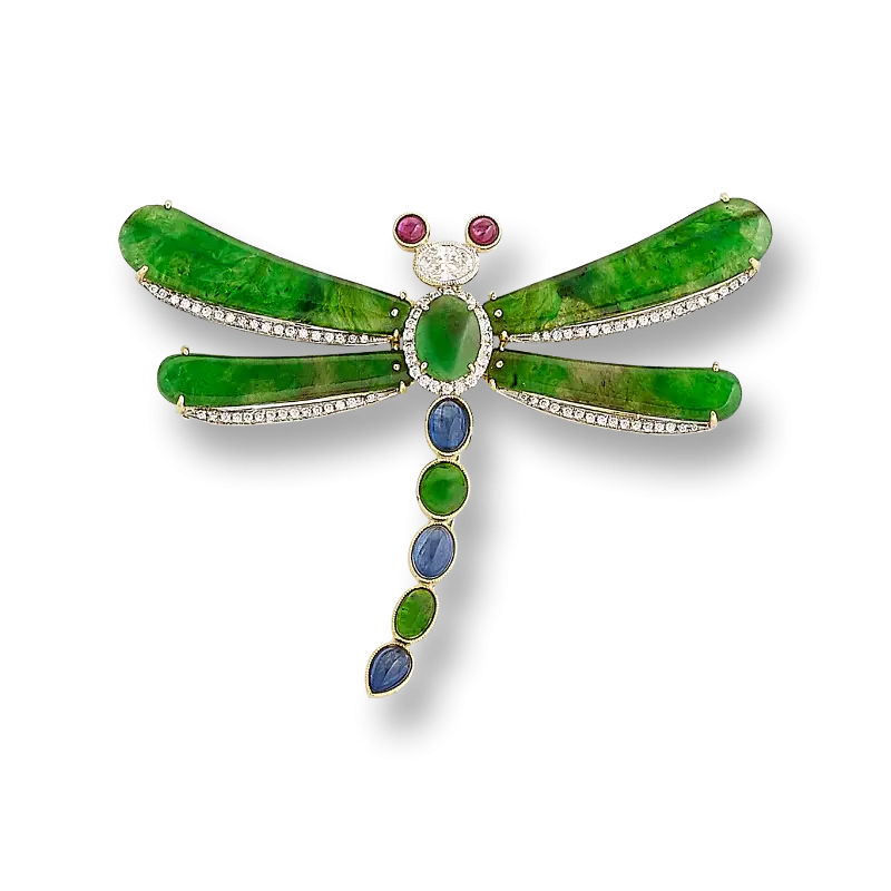 Elegant Green Dragonfly Brooch with Gemstones