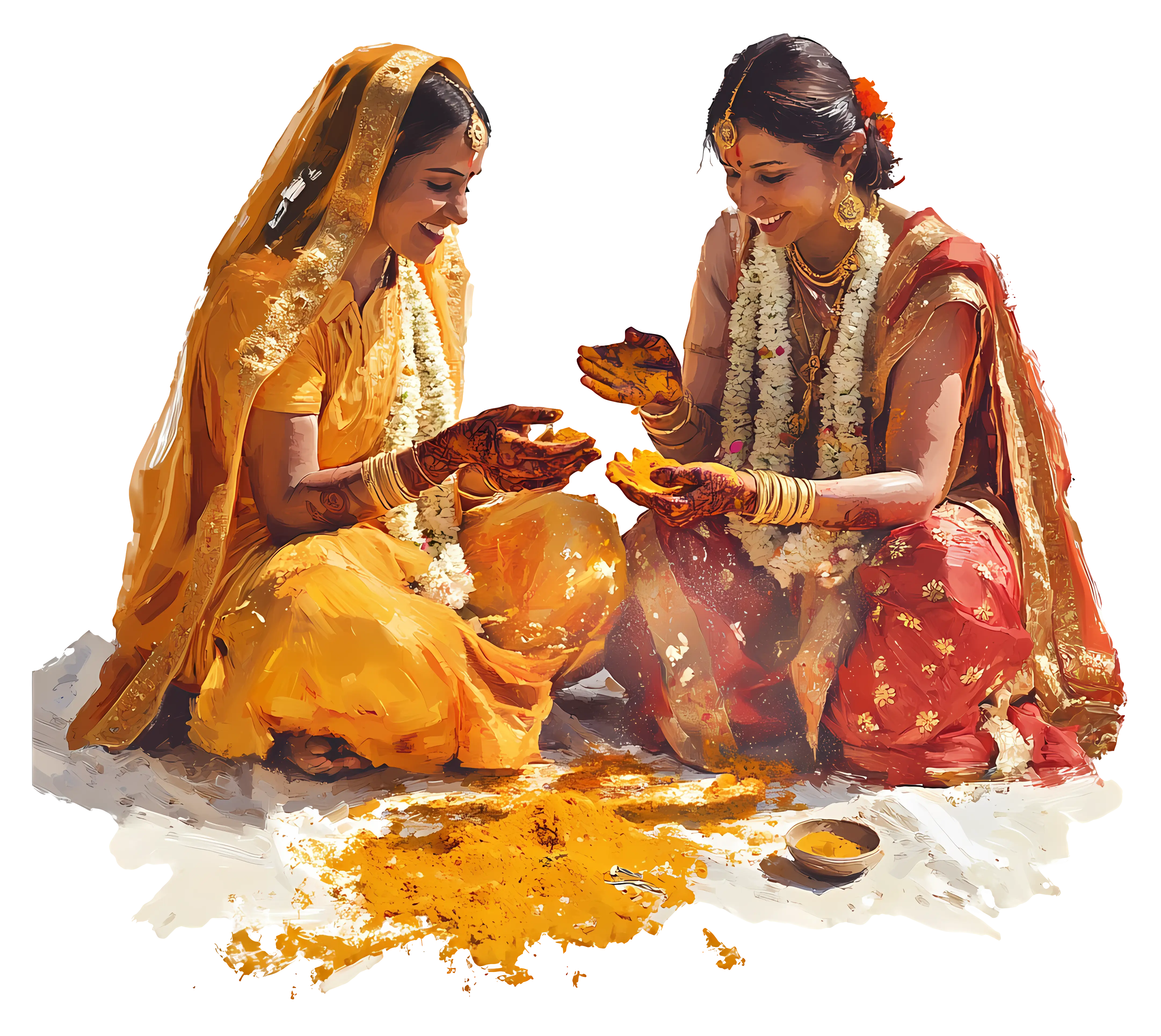 Women Celebrating with Turmeric in Traditional Attire