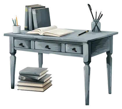 Wooden Desk with Books and Accessories