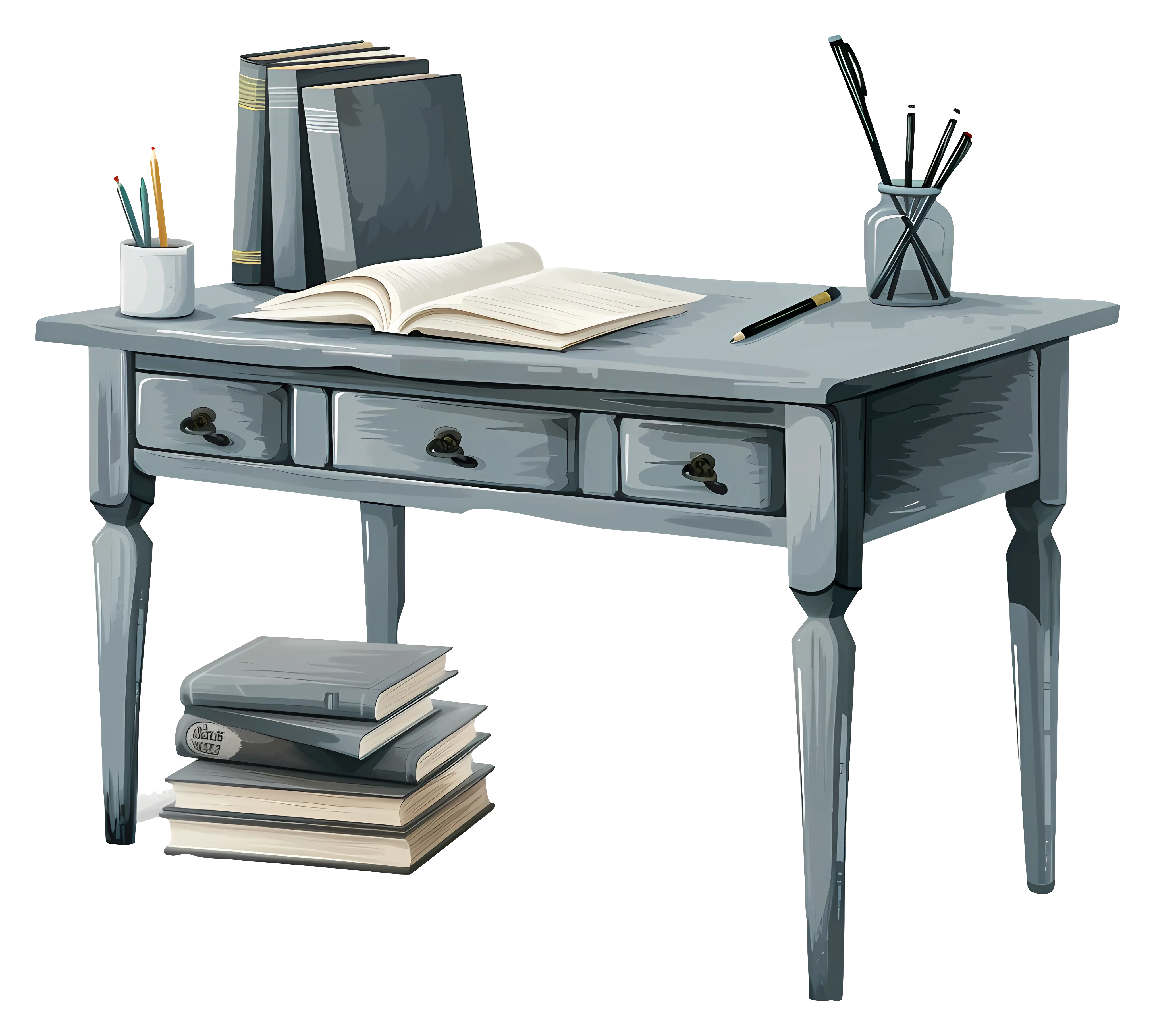 Wooden Desk with Books and Accessories