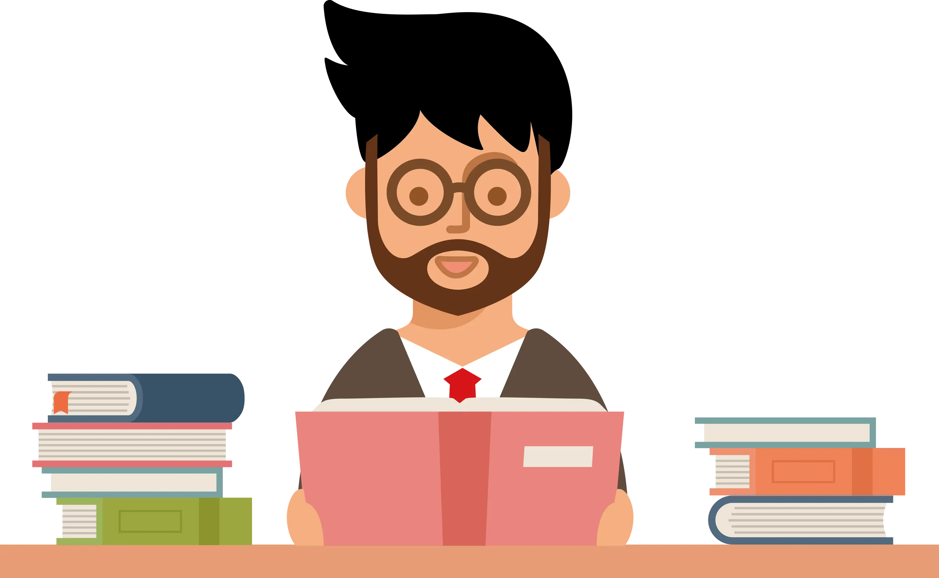 Cartoon Bearded Man Reading Books at a Desk