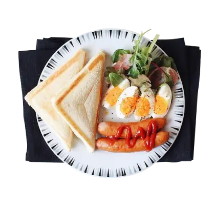 Tasty Breakfast Plate with Sausages, Eggs, Toast, and Salad
