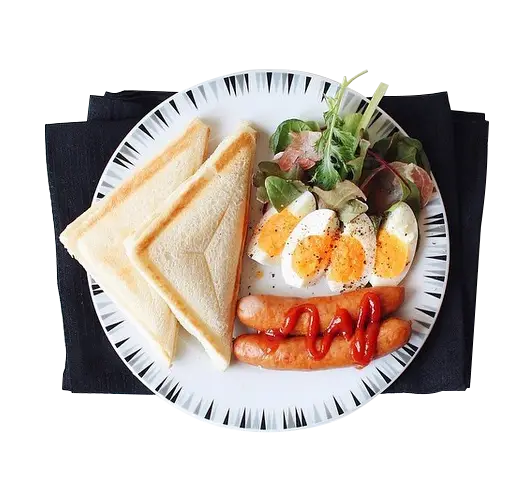 Tasty Breakfast Plate with Sausages, Eggs, Toast, and Salad
