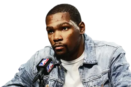 Press Conference Scene with Speaker in Denim Jacket