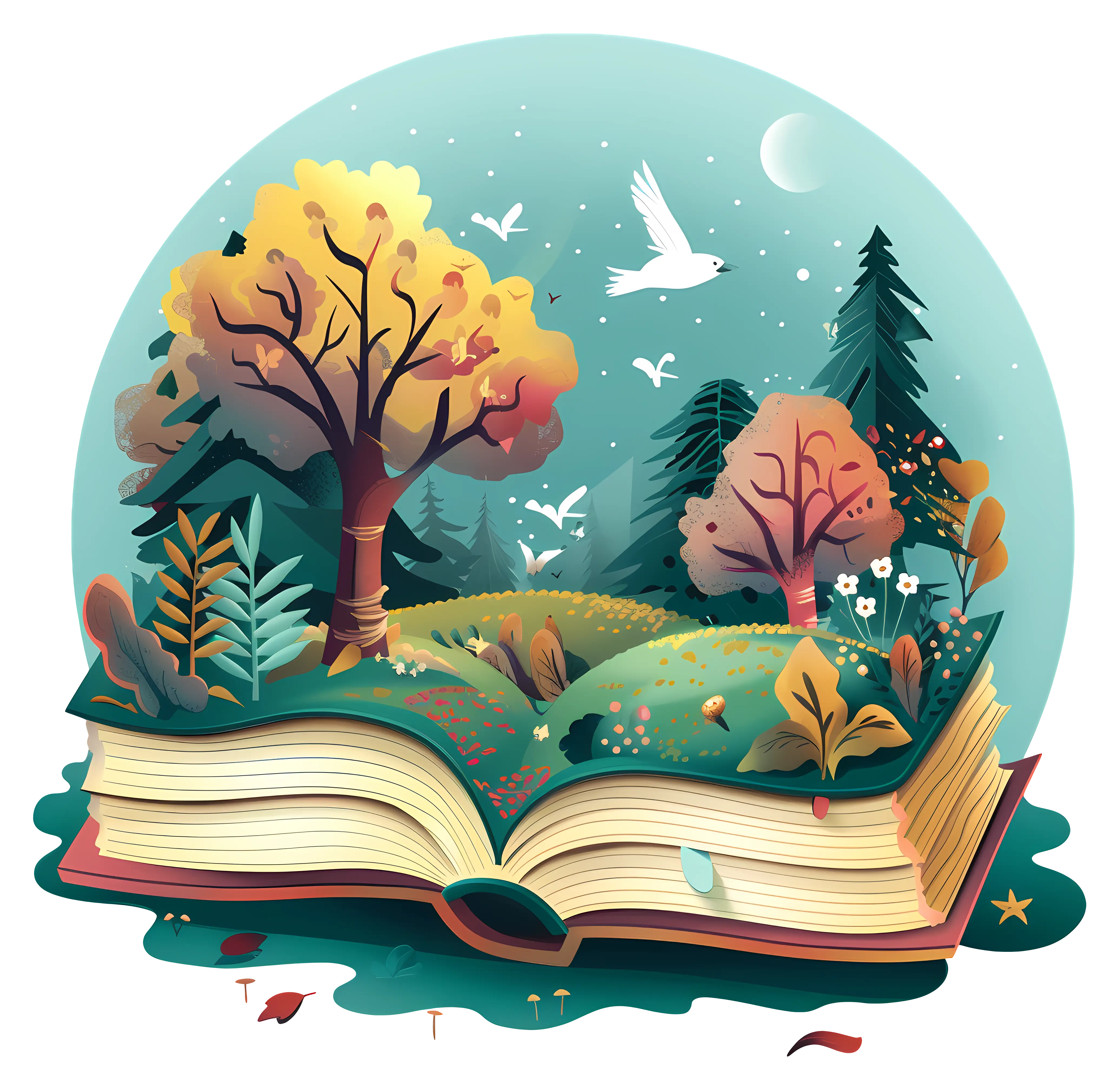 Open Book with Magical Story Scene