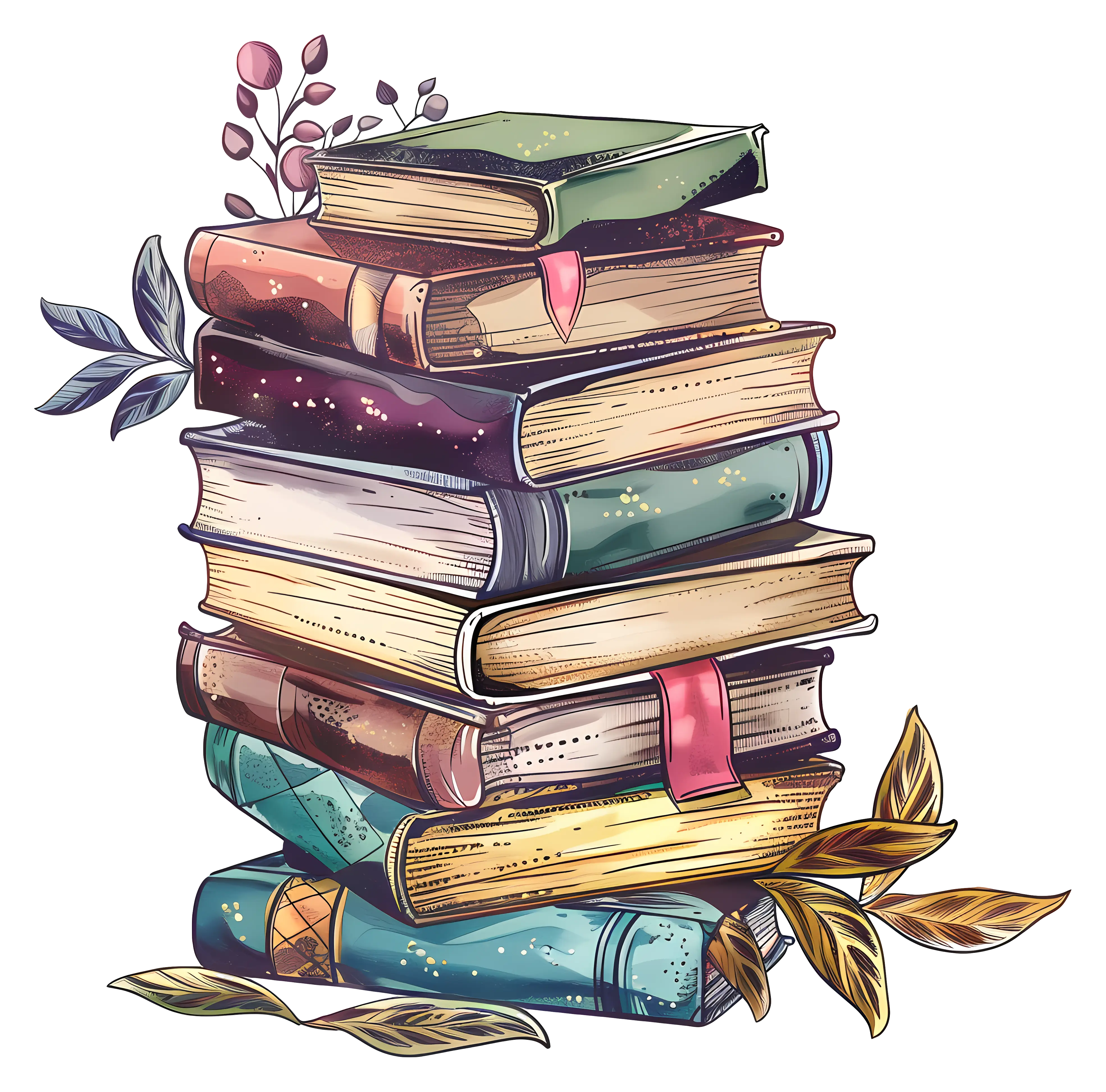Pile of Vintage Books with Leaves