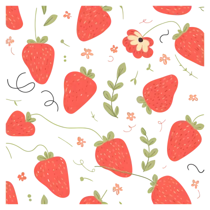 Cute Illustrated Strawberry and Floral Pattern