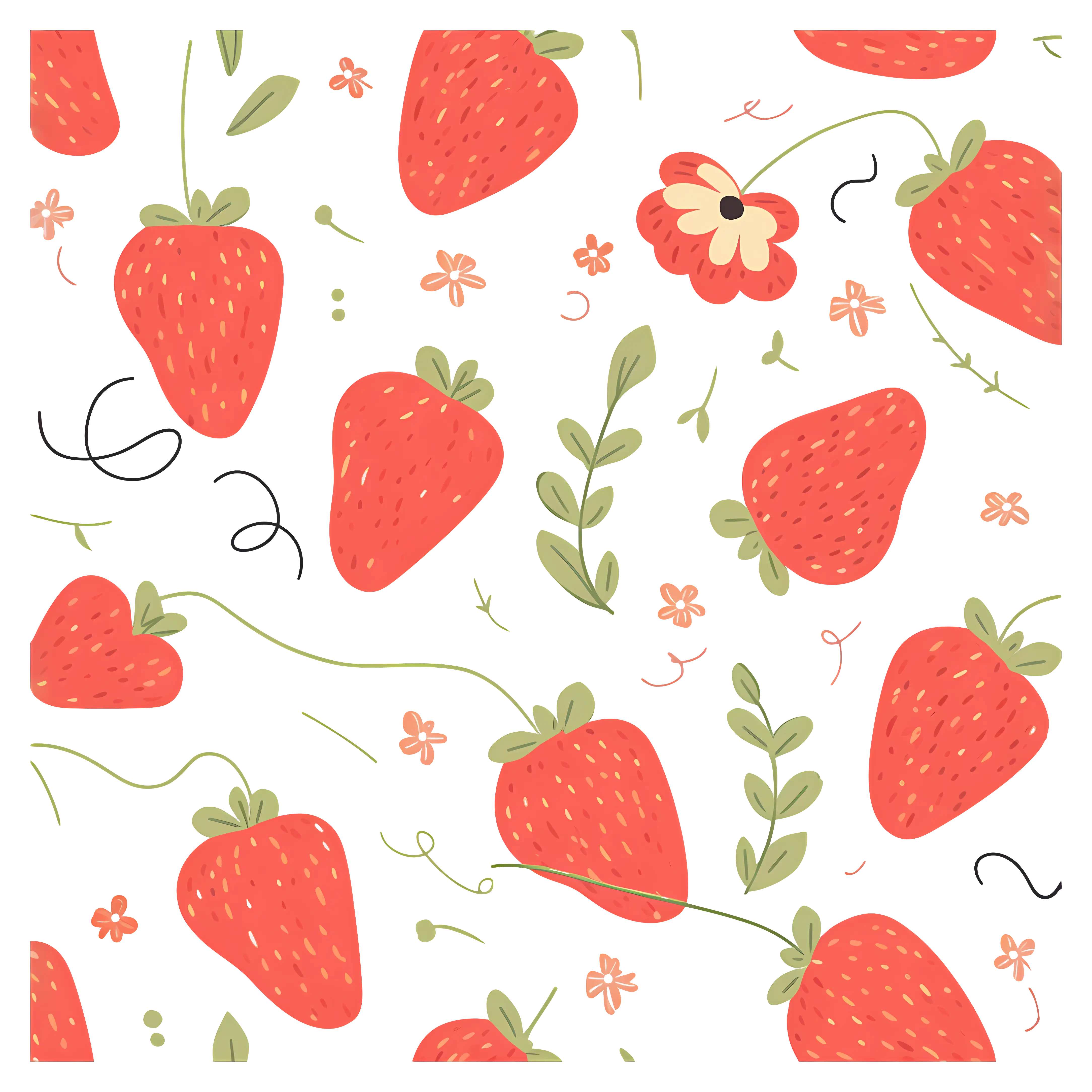 Cute Illustrated Strawberry and Floral Pattern