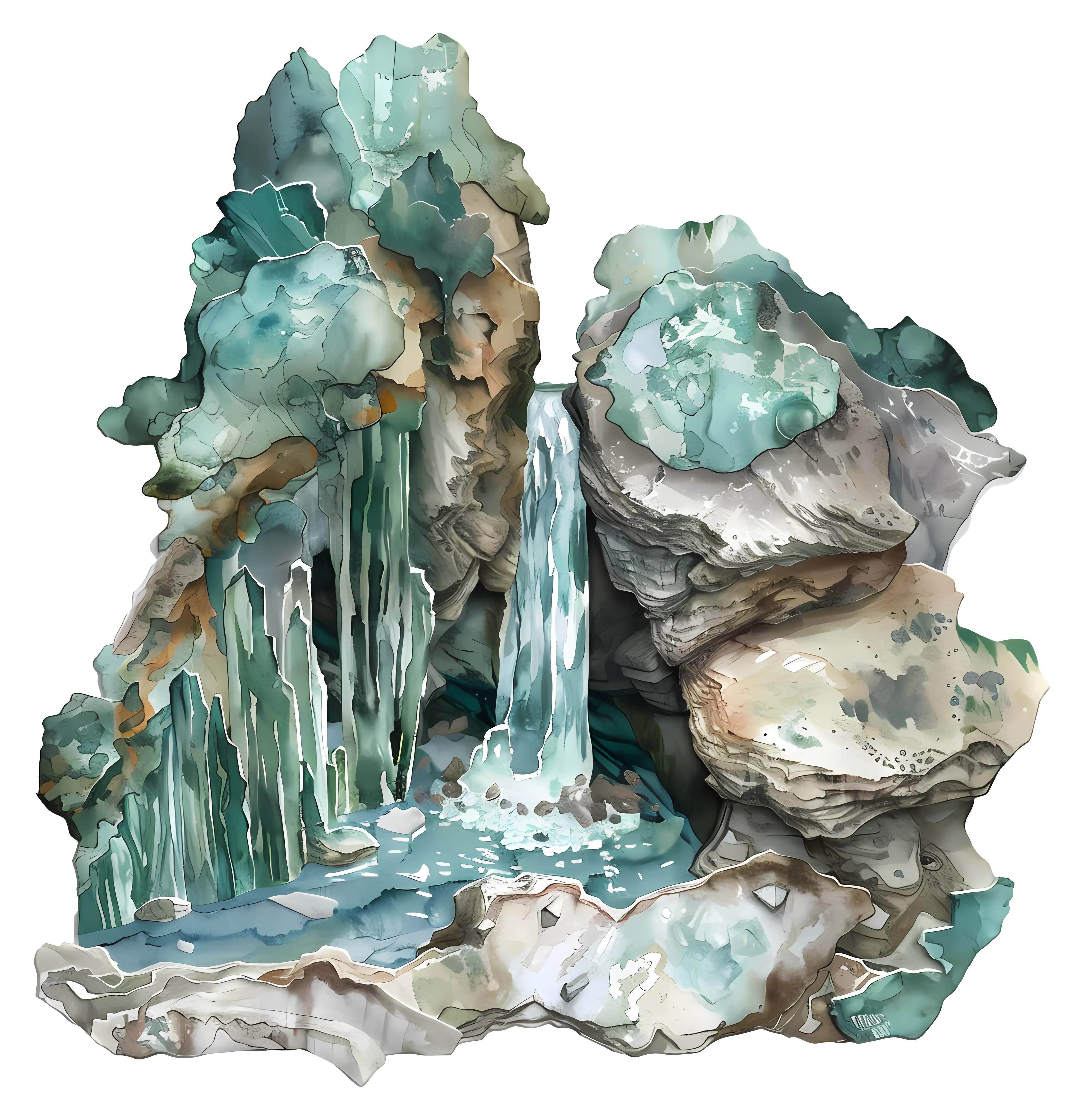 Serene Waterfall and Rocks Illustration