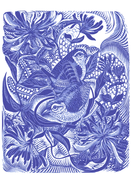 Birds and Flowers in Blue Hand-Drawn Sketch