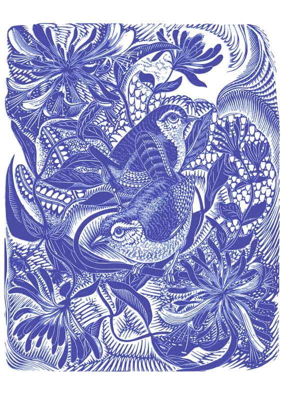 Birds and Flowers in Blue Hand-Drawn Sketch