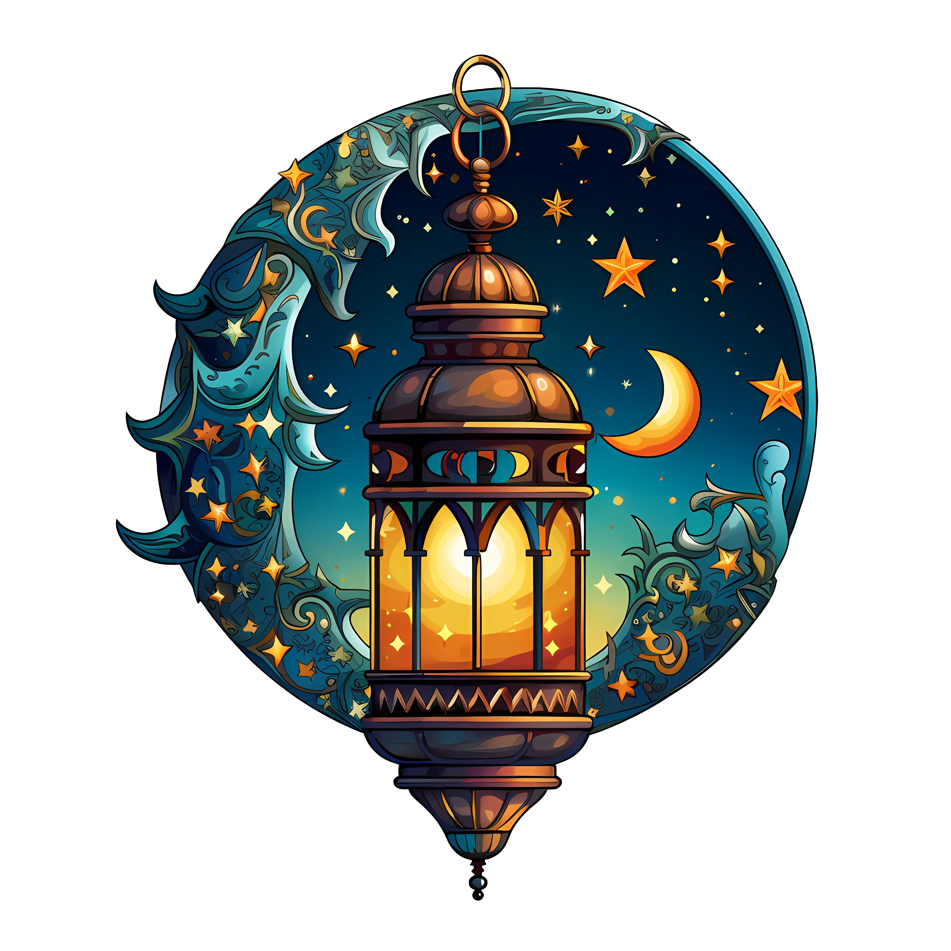 Moonlit Lantern with Stars and Crescent Moon Illustration