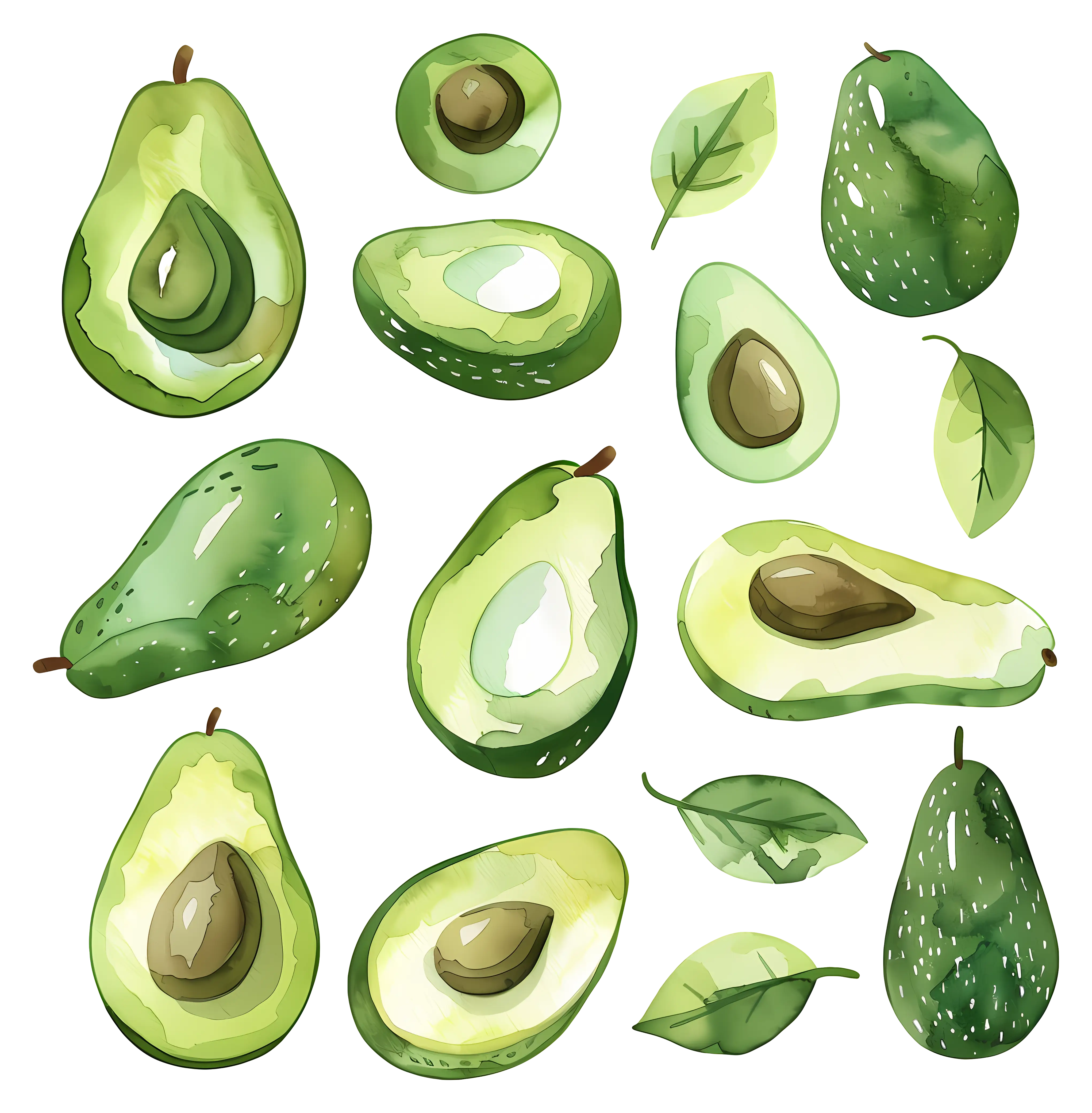 Avocado Illustrations in Watercolor Style
