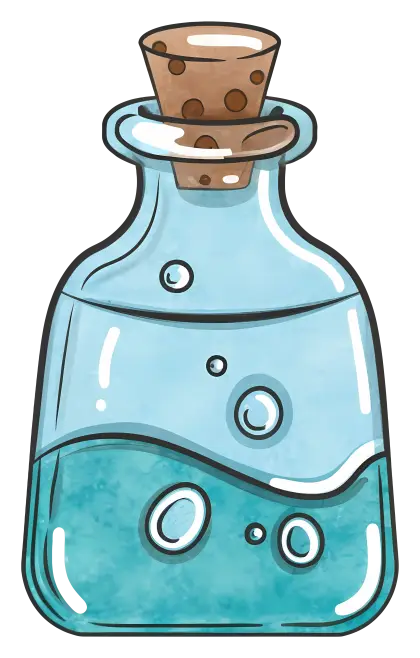 Cartoon Glass Bottle with Blue Liquid and Cork Stopper
