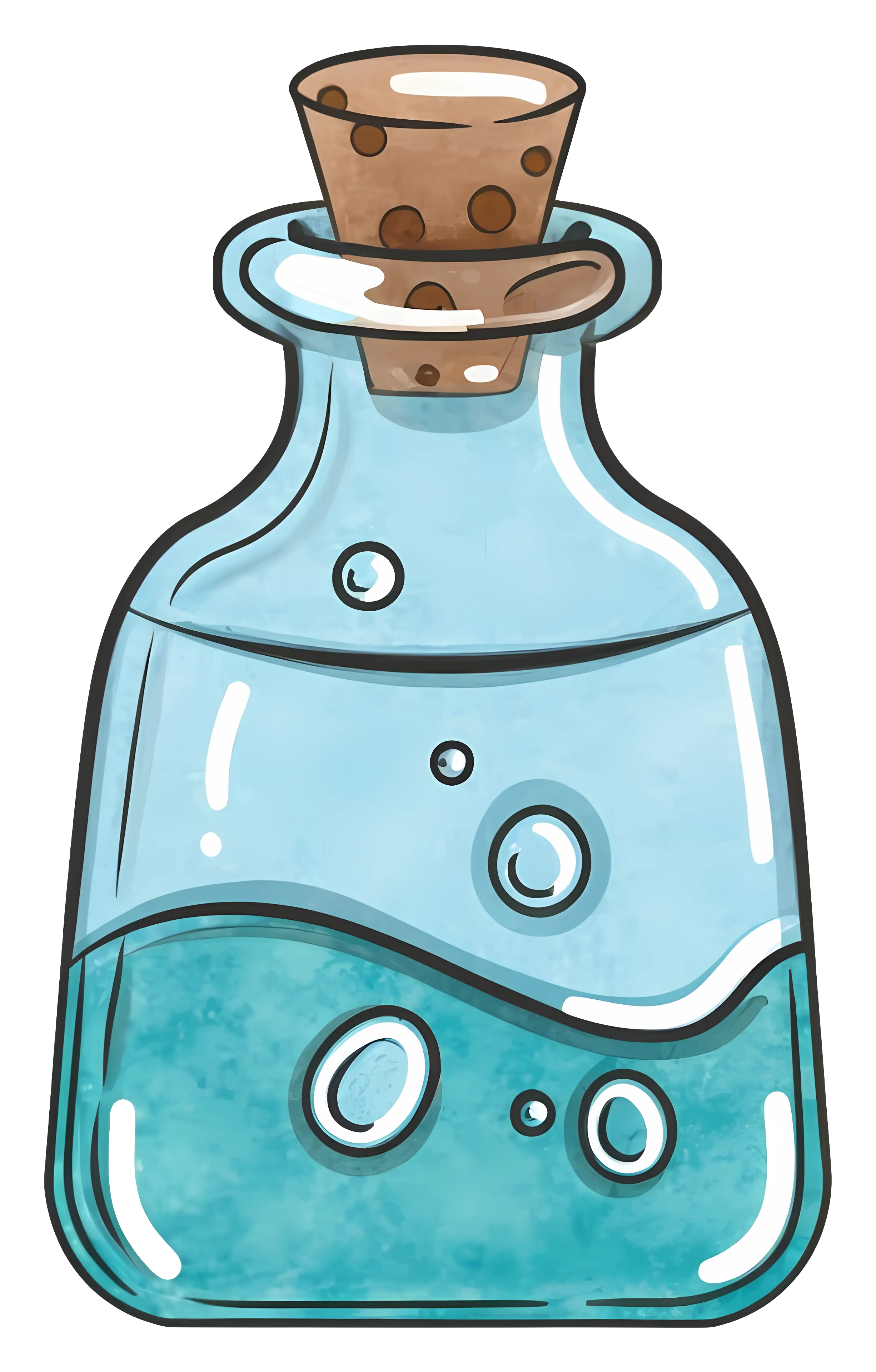 Cartoon Glass Bottle with Blue Liquid and Cork Stopper
