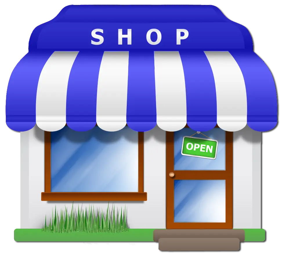 Small Shop Building with Blue Awning