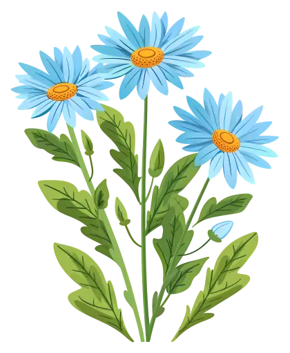Blue Daisies with Green Leaves
