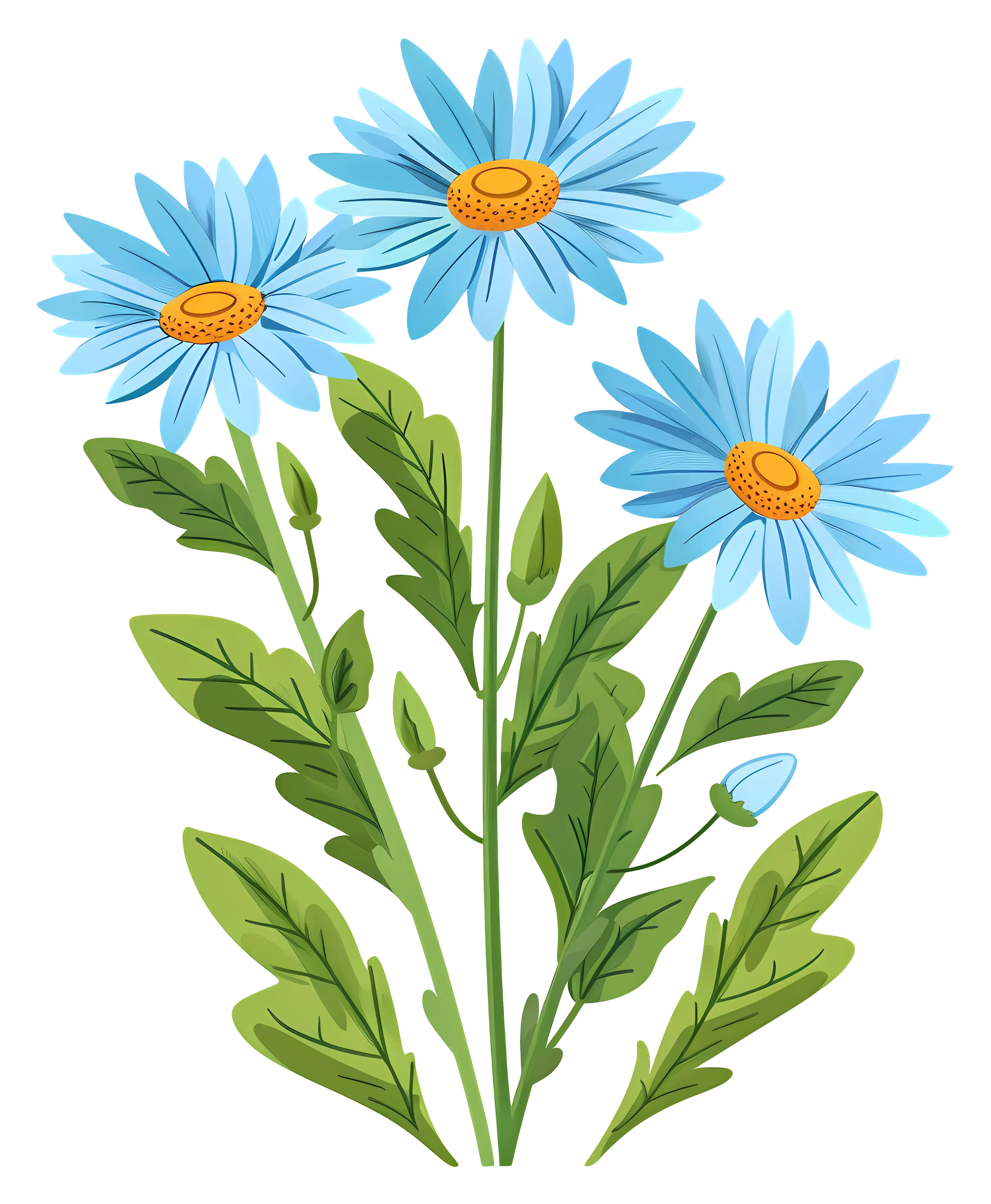 Blue Daisies with Green Leaves