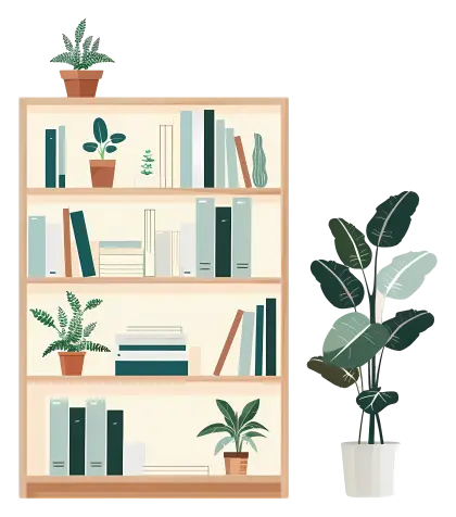 Bookshelf with Potted Plants and Organized Books