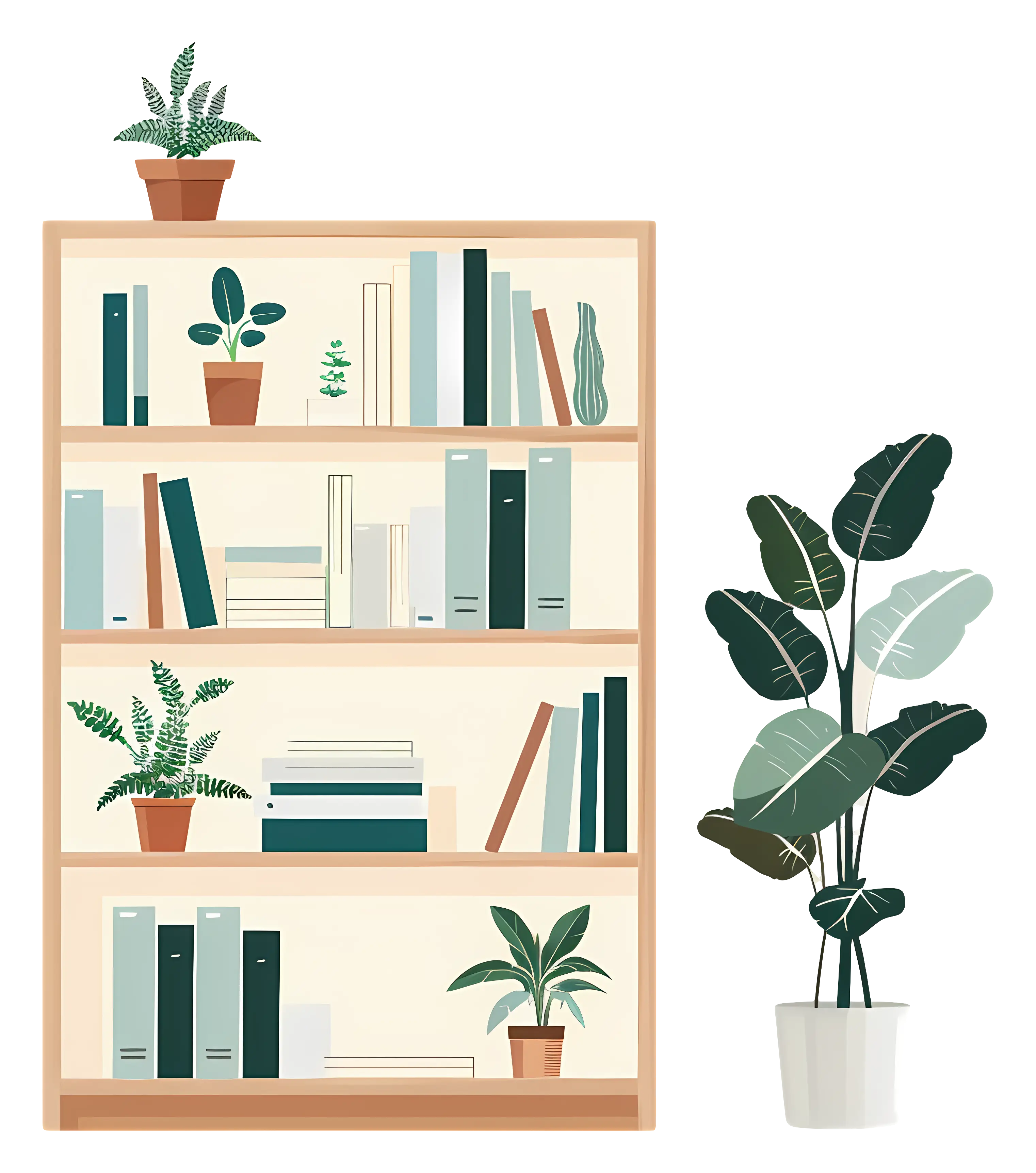 Bookshelf with Potted Plants and Organized Books