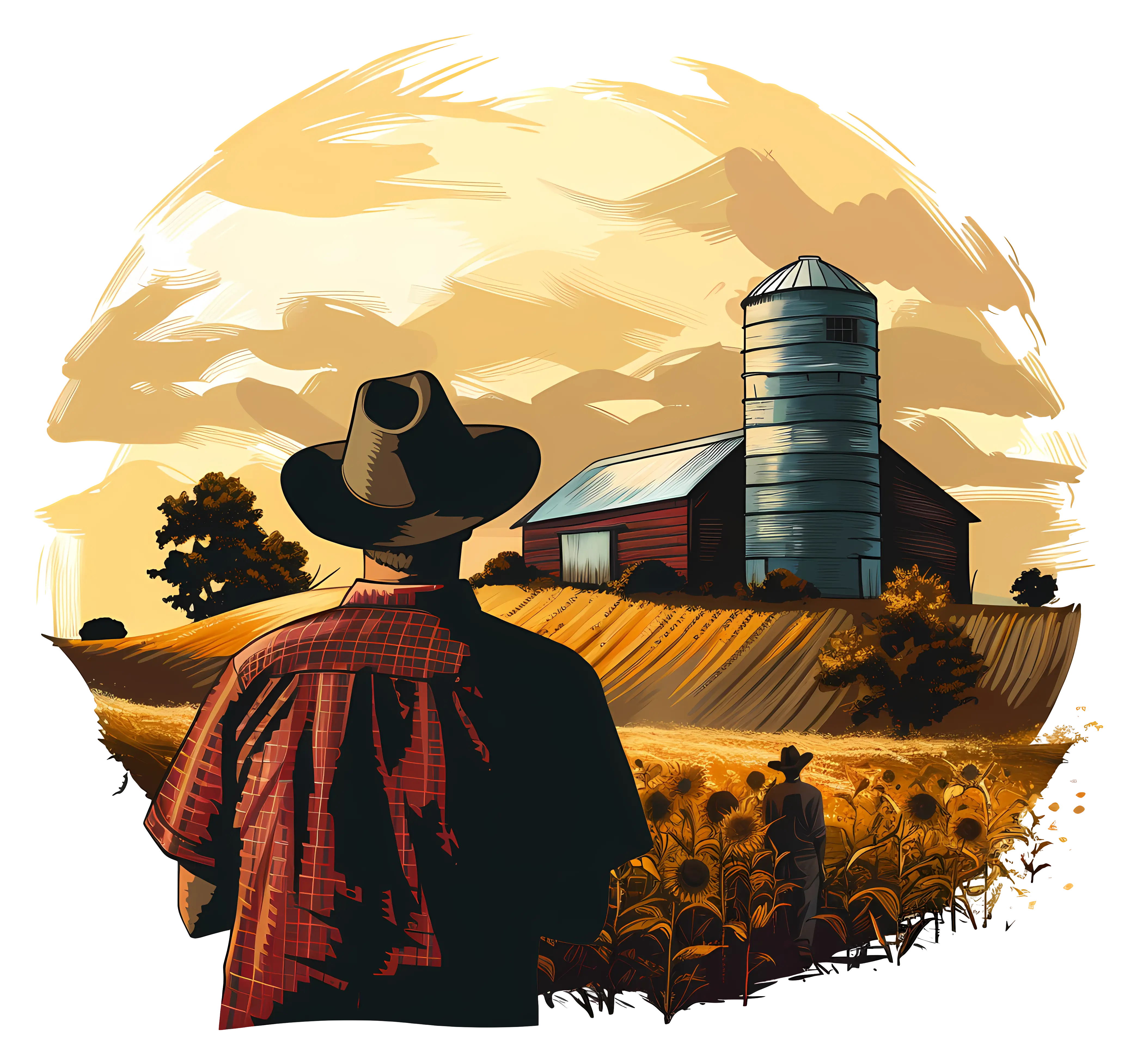 Farmer in the Field at Sunset
