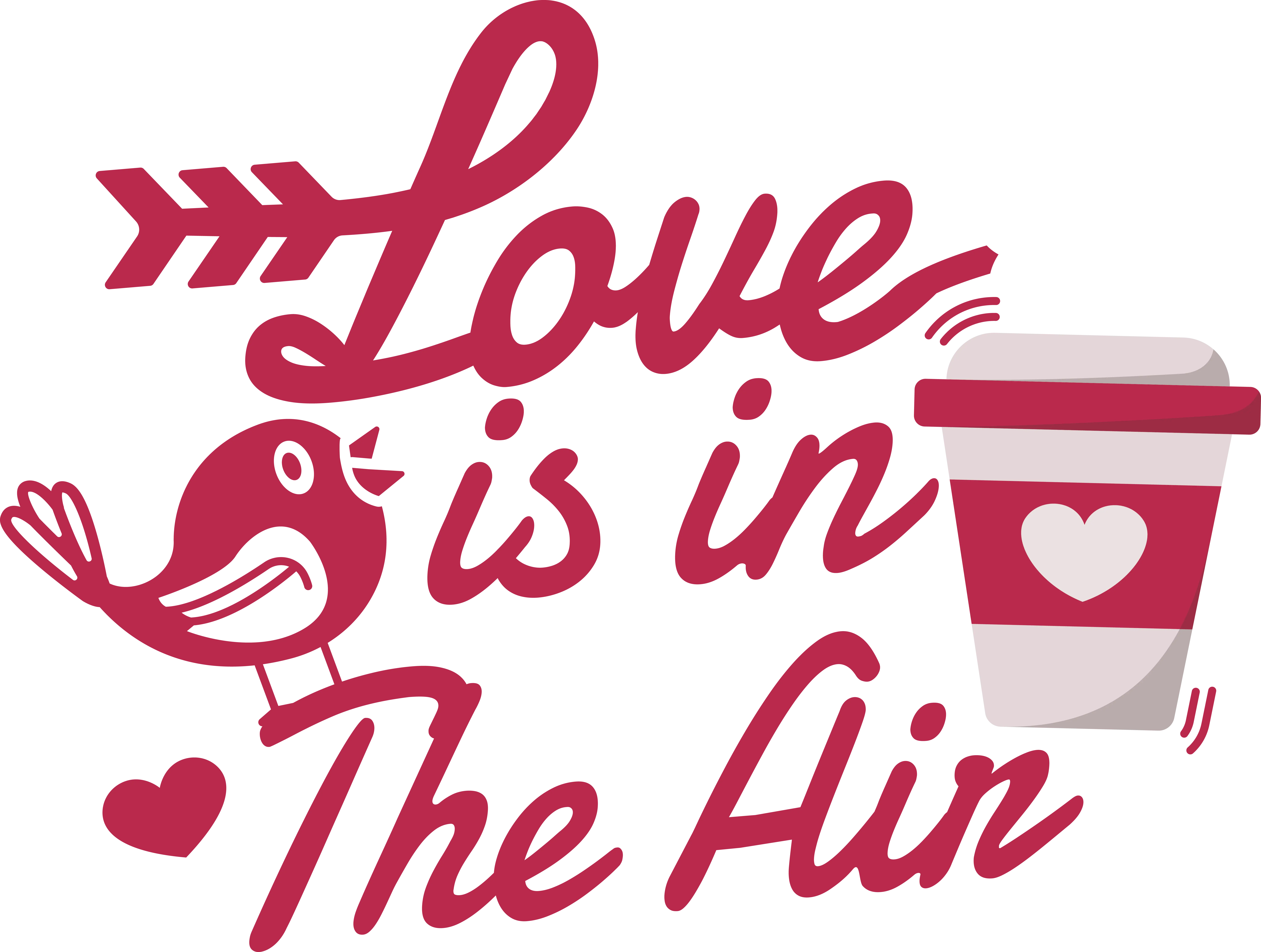 Love-Themed Text Illustration with Bird and Coffee