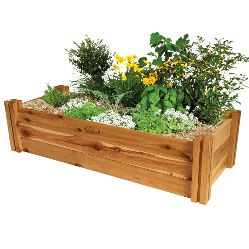 Wooden Plant Box with Decorative Flowers and Vegetation