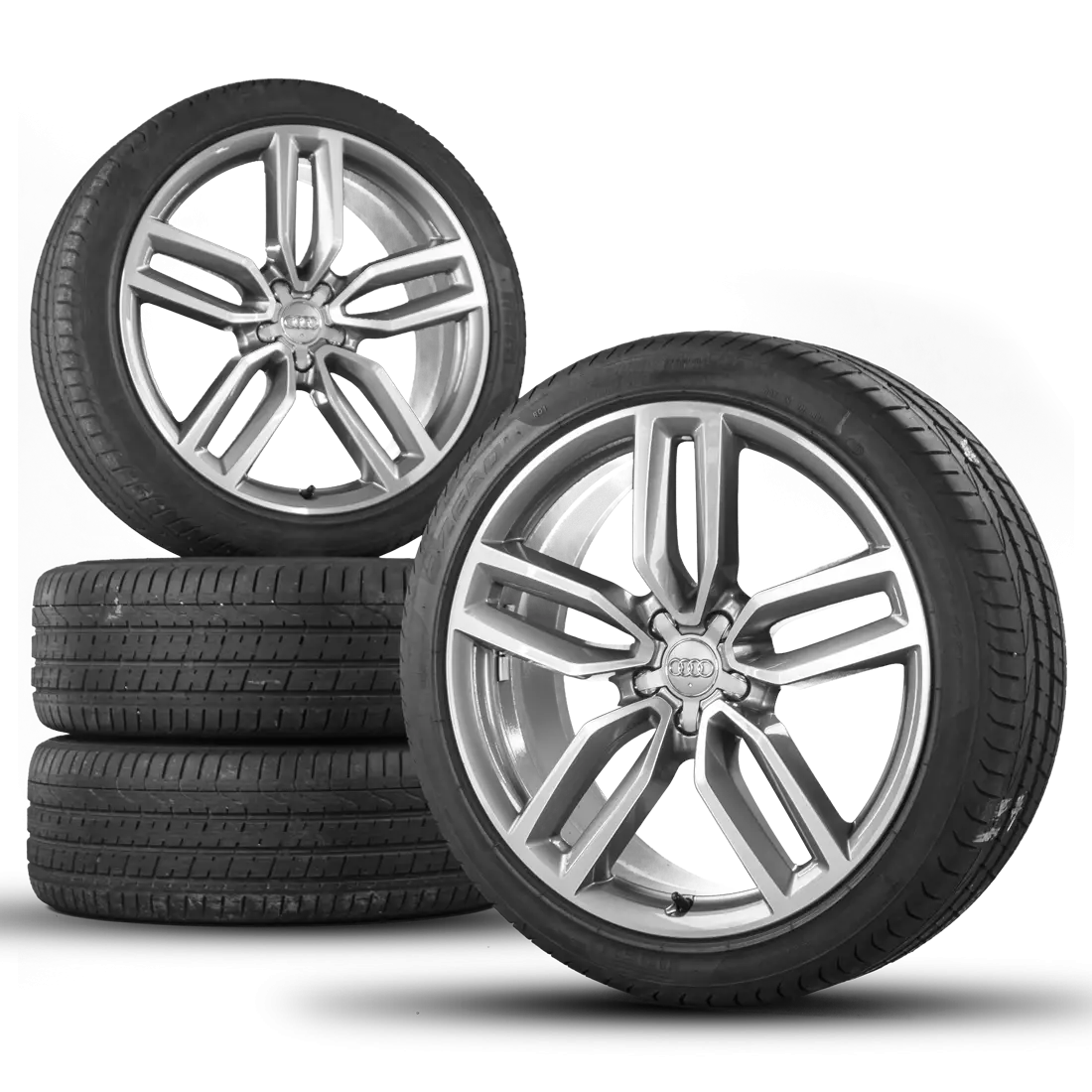 Silver Car Tires and Wheel Set