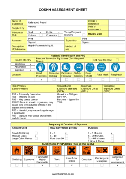 Detailed COSHH Assessment Sheet for Workplace Safety