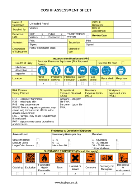 Detailed COSHH Assessment Sheet for Workplace Safety