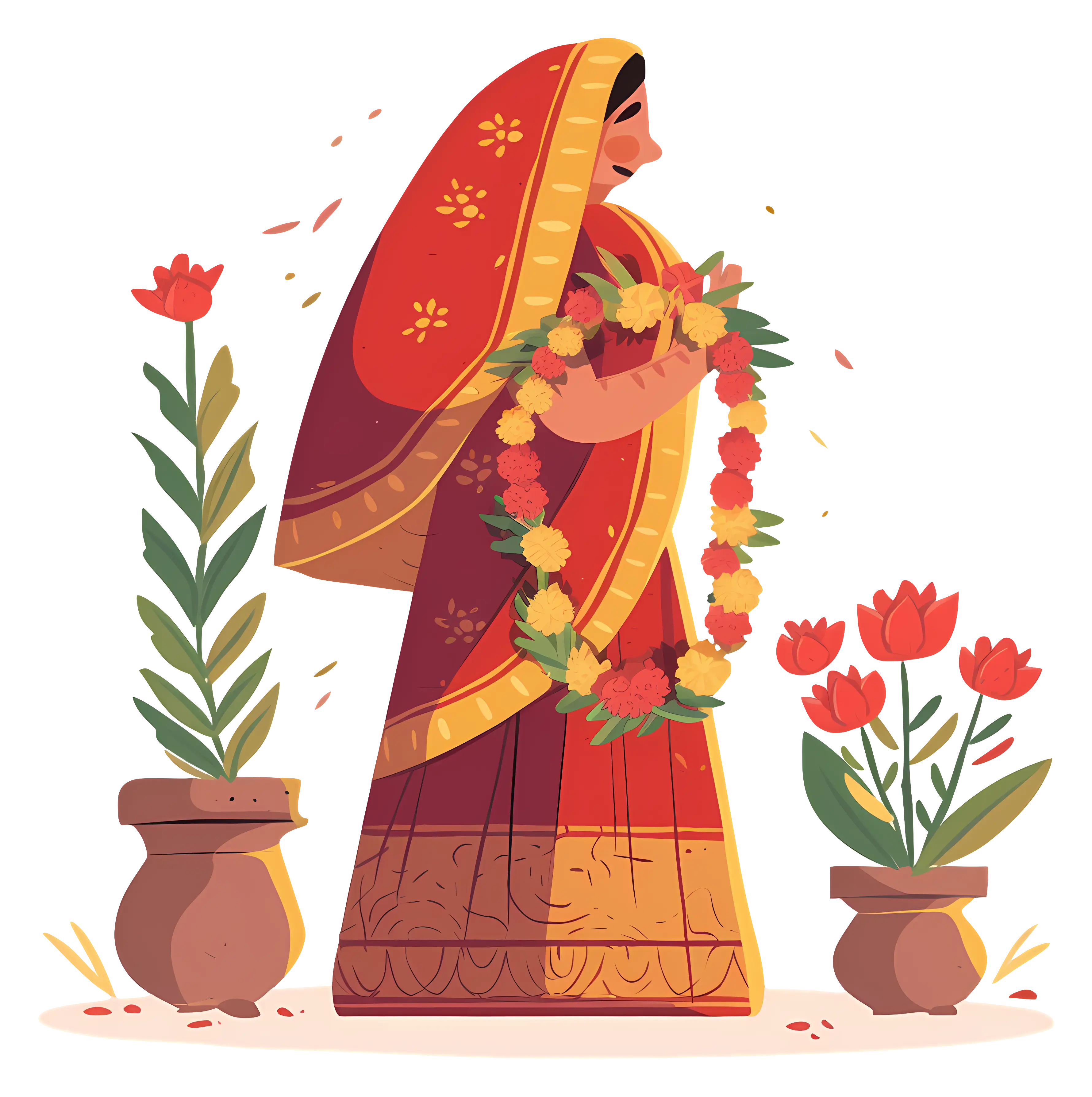 Woman in Red Sari Holding Garland