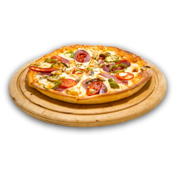 Freshly Baked Pizza on Wooden Tray