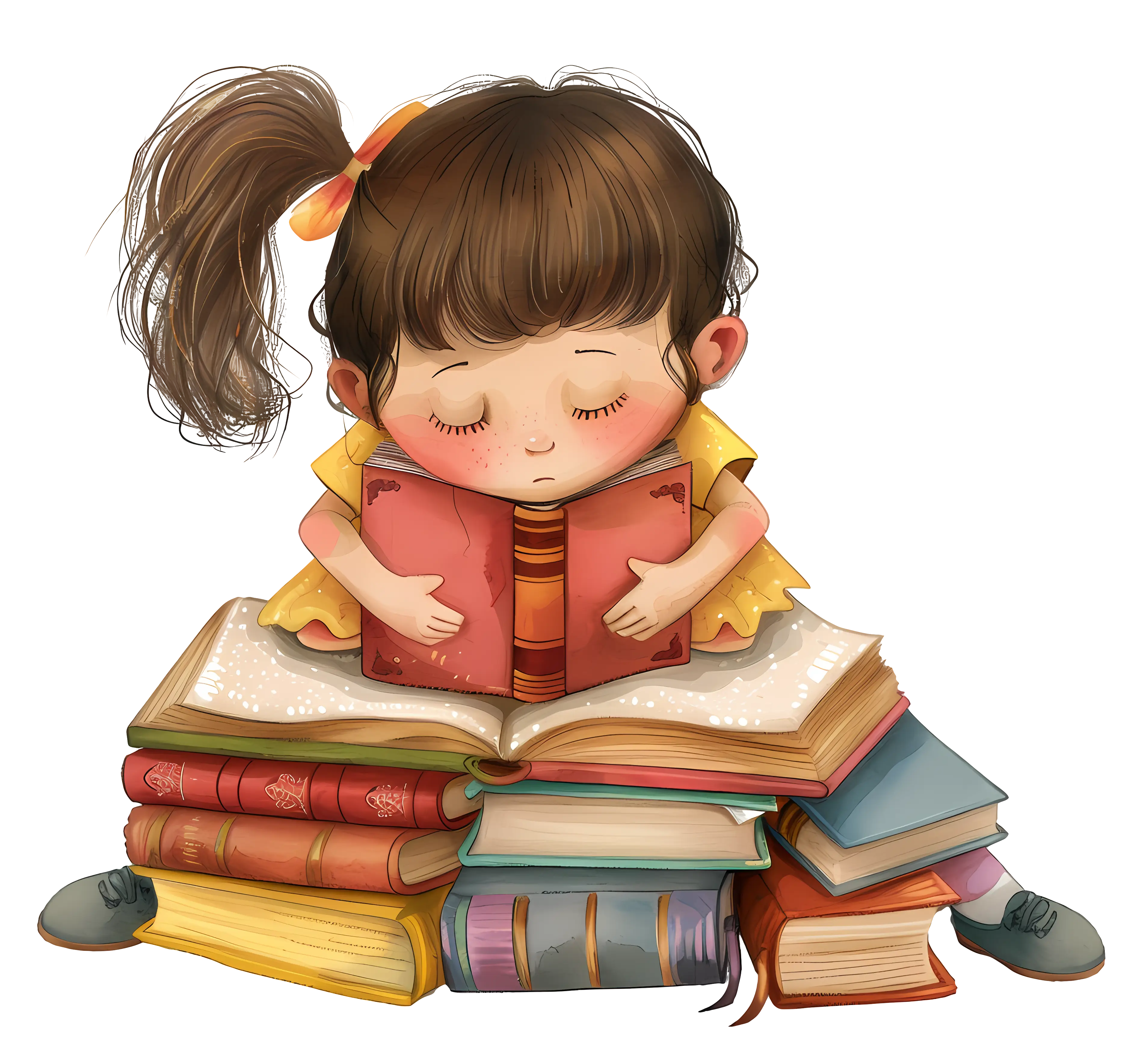 Child Reading While Surrounded by Books Illustration