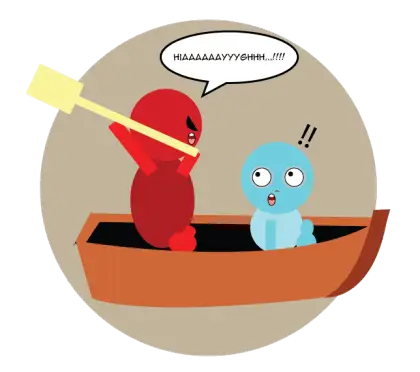 Red and Blue Characters in a Boat