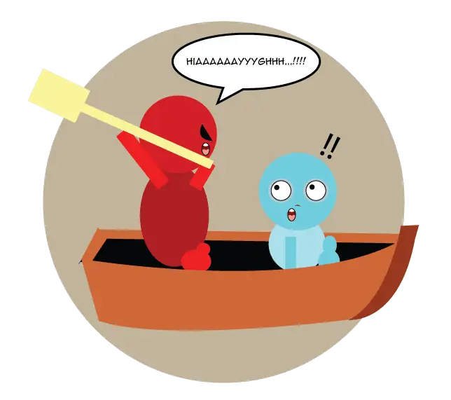 Red and Blue Characters in a Boat